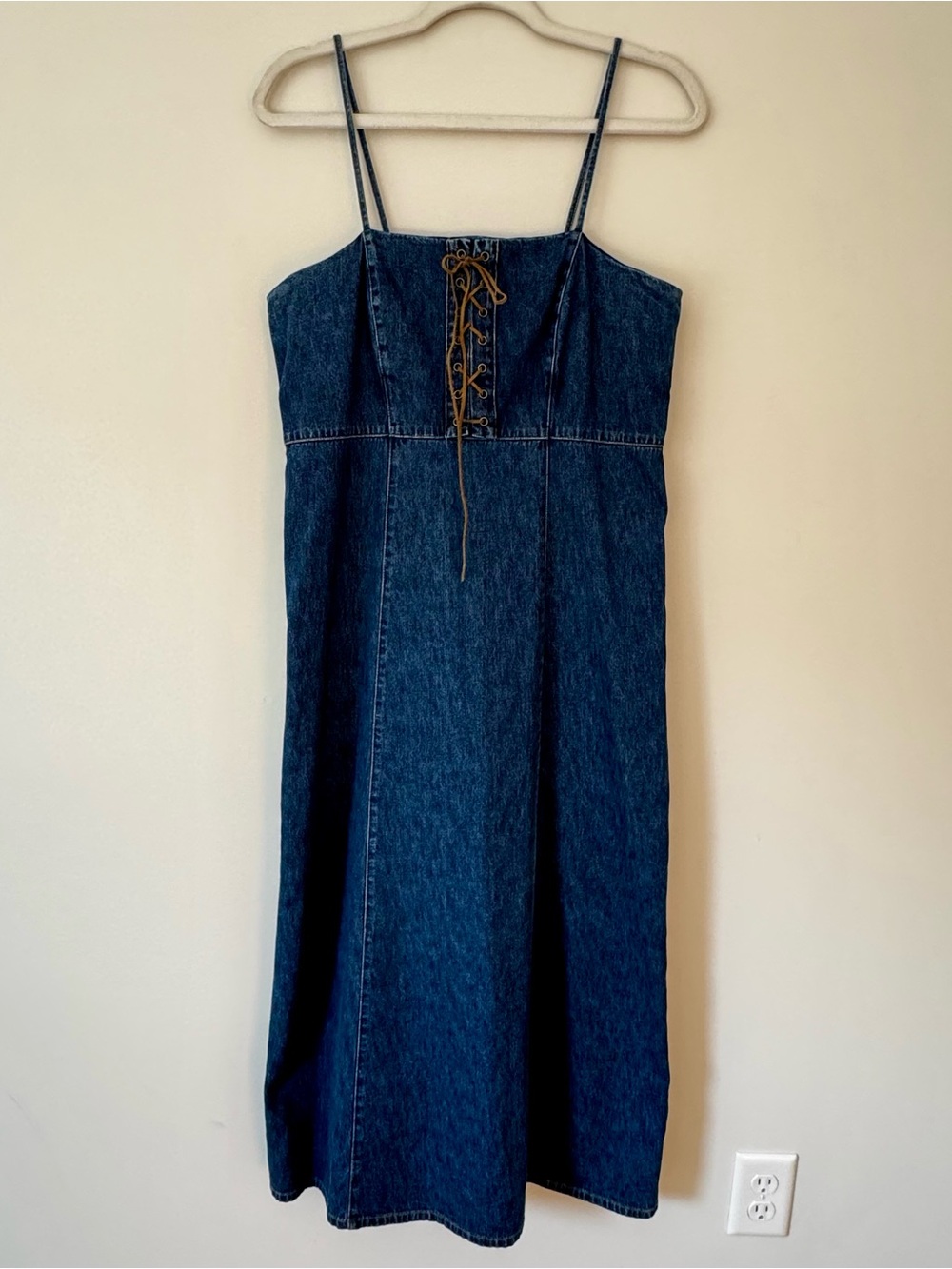 Y2K Crossing Pointe Suede Corset Lace Up Denim Midi Dress, Blue – Size 14 Petite